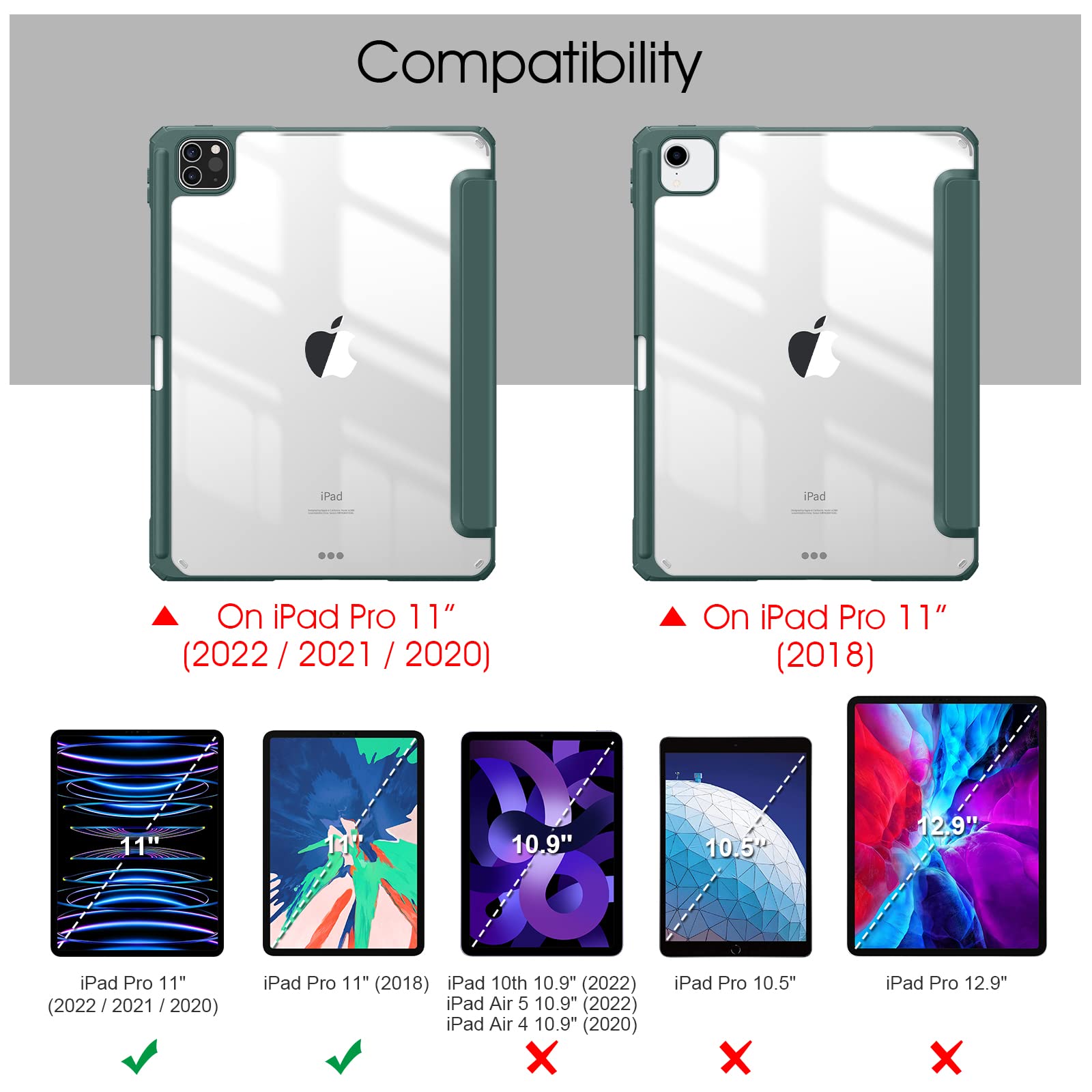 iPad Pro 11 Inch 2020-2022 Soft Tpu Smart Premium Case Auto Sleep Wake Stand Clear Cover Pencil holder Dark Green Tristar Online