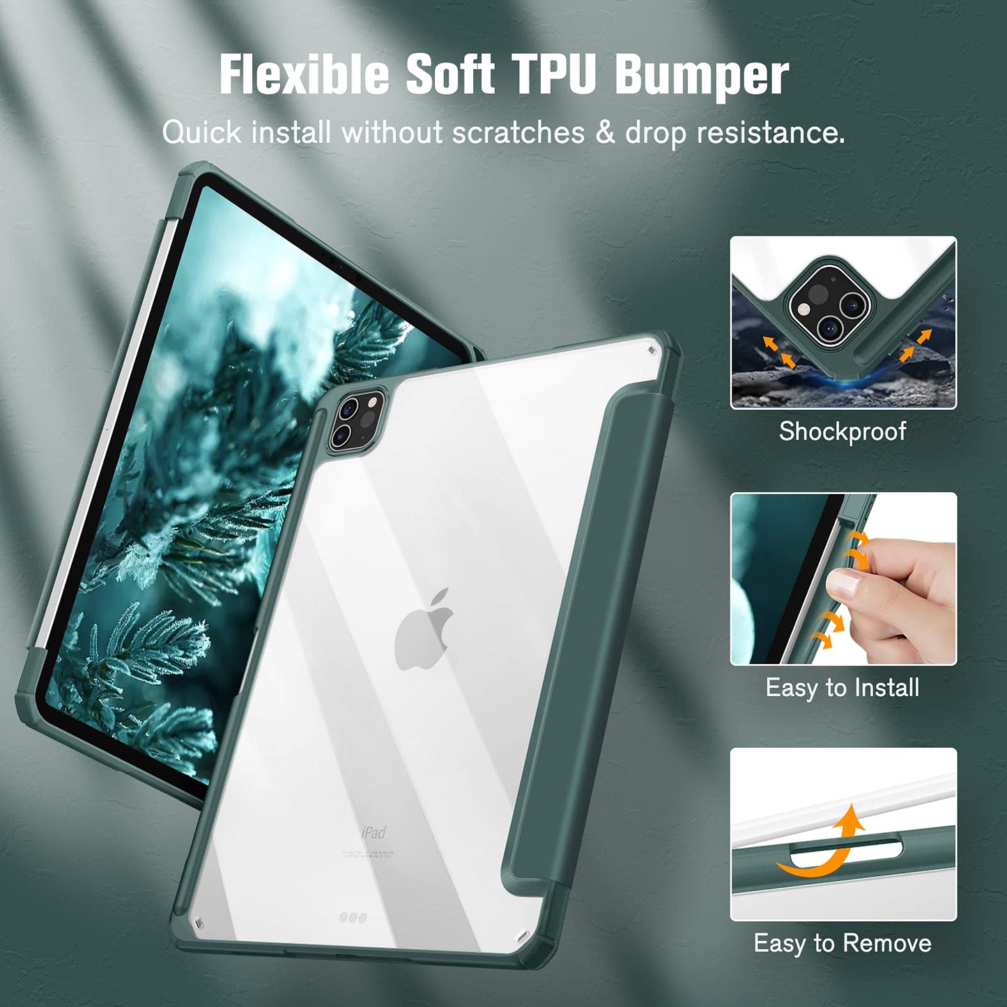 iPad Pro 11 Inch 2020-2022 Soft Tpu Smart Premium Case Auto Sleep Wake Stand Clear Cover Pencil holder Dark Green Tristar Online