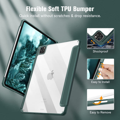 iPad Pro 11 Inch 2020-2022 Soft Tpu Smart Premium Case Auto Sleep Wake Stand Clear Cover Pencil holder Dark Green Tristar Online