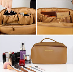 Large Travel Cosmetic Bag Portable Make up Makeup Bag Waterproof PU Leather Storage Brown Tristar Online