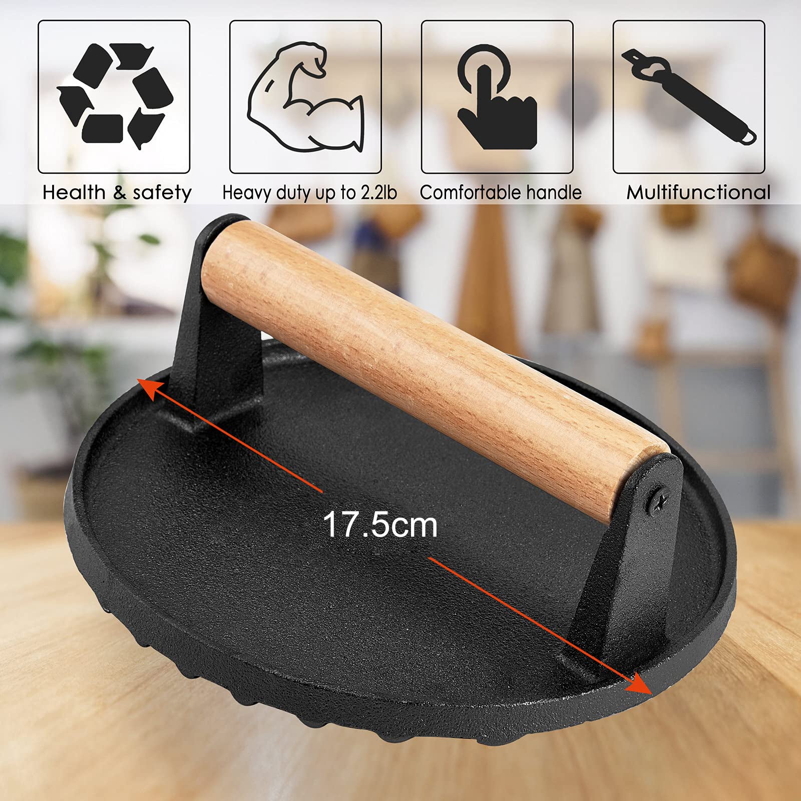 Heavy Duty Round Cast Iron Grill Burger Press Pre-Seasoned Steak Griddle BBQ Grilling Tristar Online