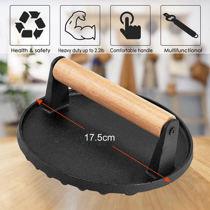 Heavy Duty Round Cast Iron Grill Burger Press Pre-Seasoned Steak Griddle BBQ Grilling Tristar Online