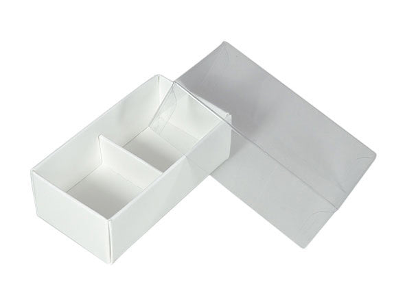 100 Pack of White Card Chocolate Sweet Soap Product Reatail Gift Box - 2 Bay Compartments - Clear Slide On Lid - 8x4x3cm Tristar Online