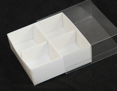 100 Pack of White Card Chocolate Sweet Soap Product Reatail Gift Box - 4 Bay Compartments - Clear Slide On Lid - 8x8x3cm Tristar Online