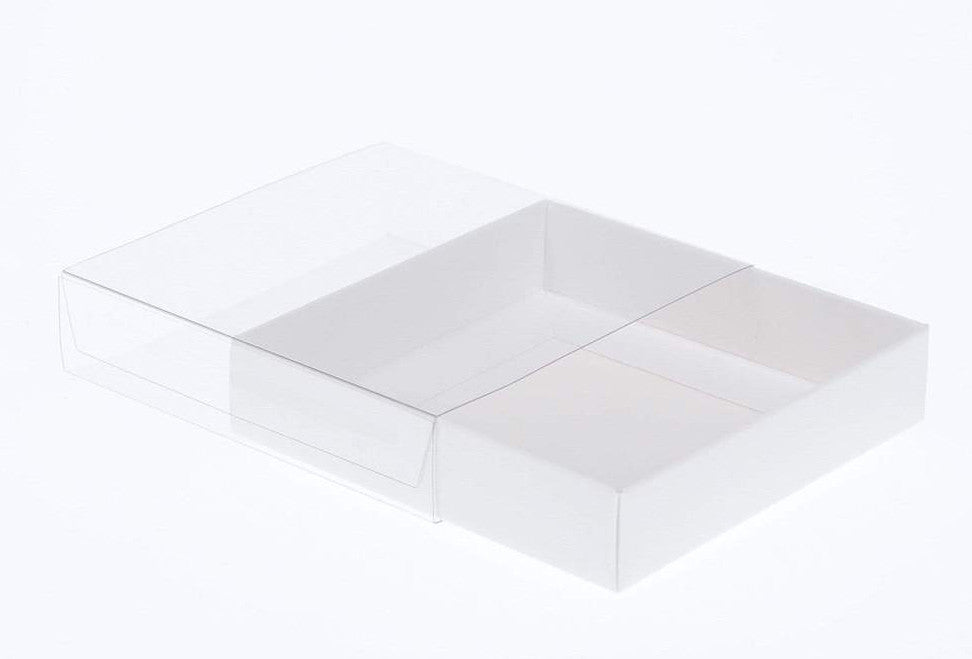 100 Pack of 10cm Square Invitation Coaster Favor Function product Presentation Cookie Biscuit Patisserie Gift Box - 2cm deep - White Card with Clear Slide On PVC Lid Tristar Online