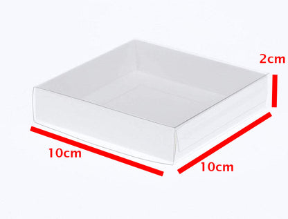 100 Pack of 10cm Square Invitation Coaster Favor Function product Presentation Cookie Biscuit Patisserie Gift Box - 2cm deep - White Card with Clear Slide On PVC Lid Tristar Online