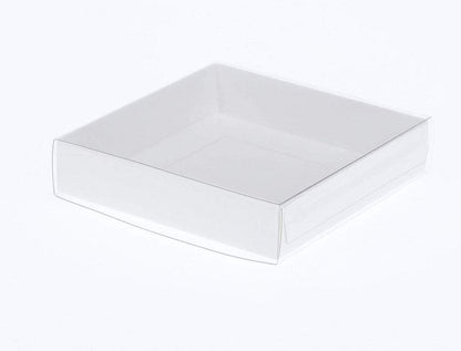 100 Pack of 10cm Square Invitation Coaster Favor Function product Presentation Cookie Biscuit Patisserie Gift Box - 2cm deep - White Card with Clear Slide On PVC Lid Tristar Online