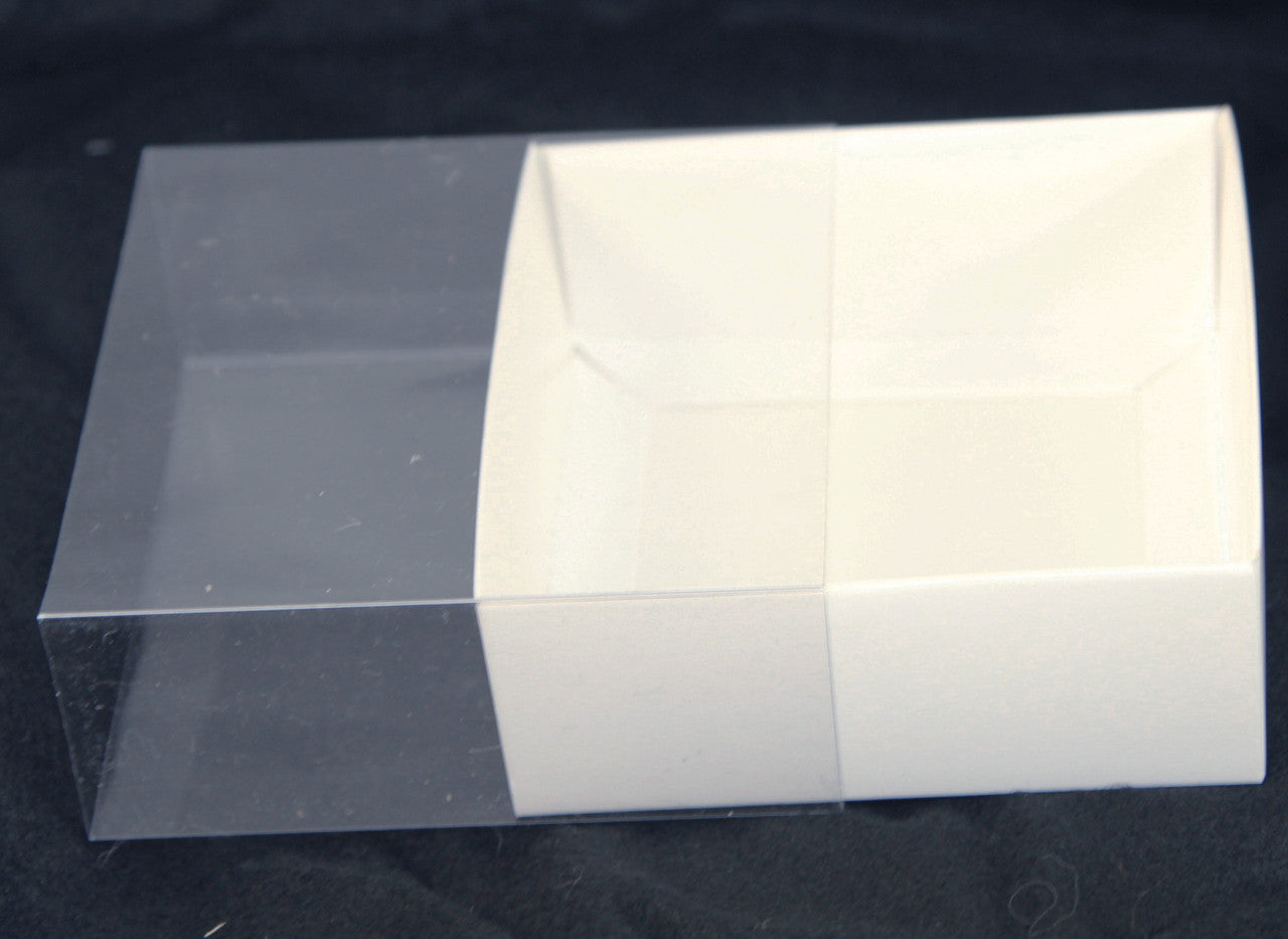 100 Pack of 10cm Square Invitation Coaster Favor Function product Presentation Cookie Biscuit Patisserie Gift Box - 2cm deep - White Card with Clear Slide On PVC Lid Tristar Online