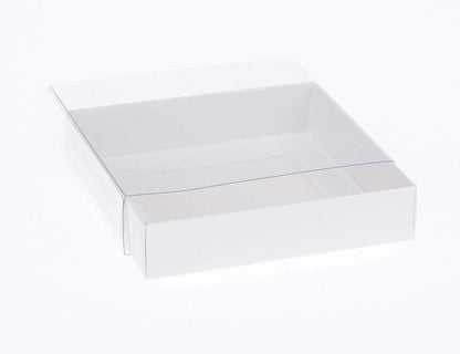 100 Pack of 10cm Square Invitation Coaster Favor Function product Presentation Cookie Biscuit Patisserie Gift Box - 2cm deep - White Card with Clear Slide On PVC Lid Tristar Online
