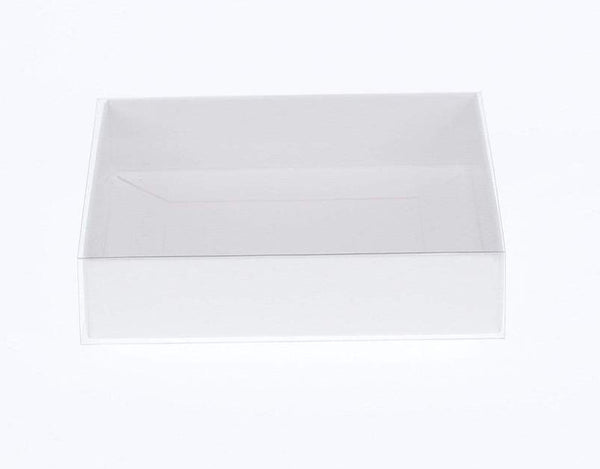 100 Pack of 15cm Square Invitation Coaster Favor Function product Presentation Cookie Biscuit Patisserie Gift Box - 4cm deep - White Card with Clear Slide On PVC Lid Tristar Online