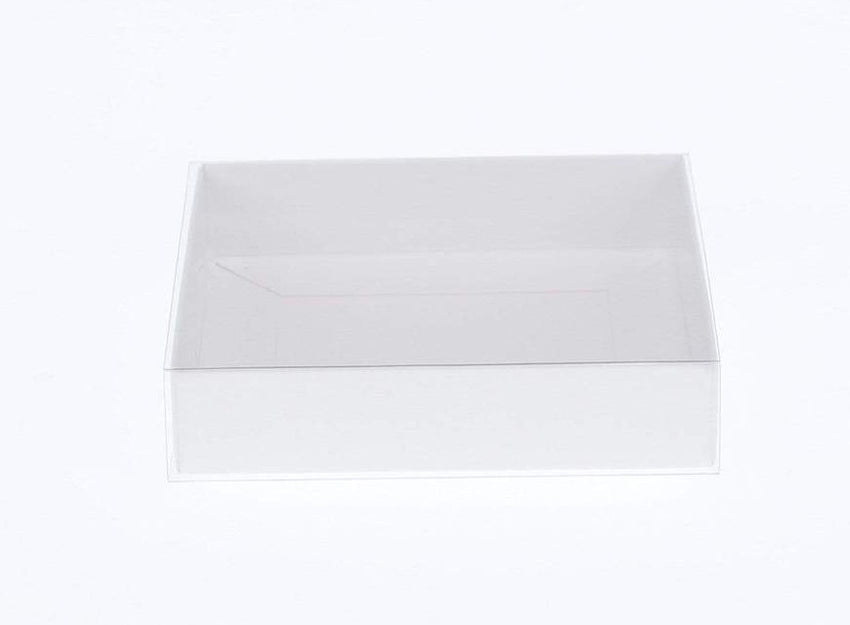 100 Pack of 8cm Square Wedding Invitation Coaster Favor Function product Presentation Cookie Biscuit Patisserie Gift Box - 2cm deep - White Card with Clear Slide On PVC Lid Tristar Online