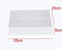 100 Pack of White Card Box - Clear Slide On Lid - 25 x 25 x 6cm - Large Beauty Product Gift Giving Hamper Tray Merch Fashion Cake Sweets Xmas Tristar Online