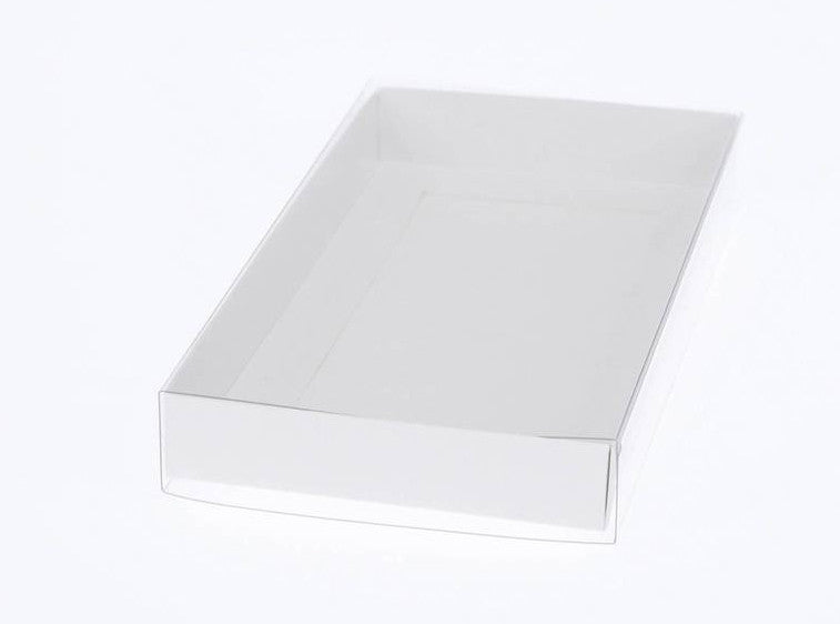 100 Pack of White Card Box - Clear Slide On Lid - 25 x 25 x 6cm - Large Beauty Product Gift Giving Hamper Tray Merch Fashion Cake Sweets Xmas Tristar Online