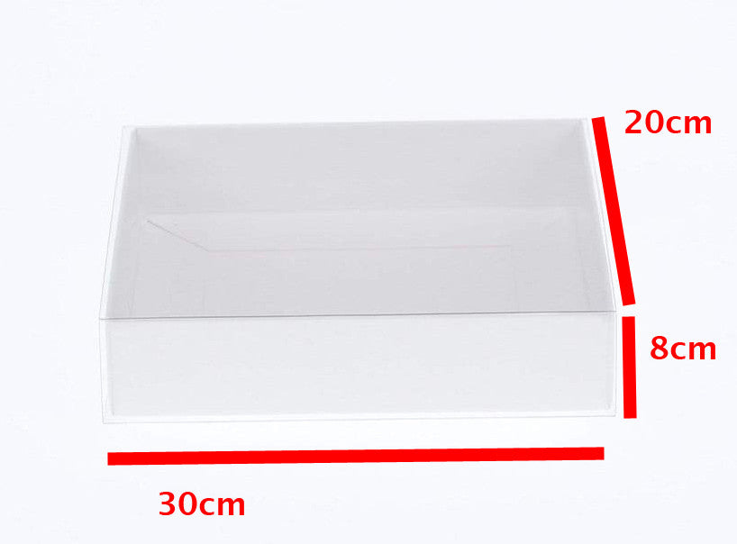 100 Pack of White Card Box - Clear Slide On Lid - 30 x 20 x 8cm -  Large Beauty Product Gift Giving Hamper Tray Merch Fashion Cake Sweets Xmas Tristar Online