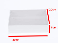 100 Pack of White Card Box - Clear Slide On Lid - 30 x 20 x 8cm -  Large Beauty Product Gift Giving Hamper Tray Merch Fashion Cake Sweets Xmas Tristar Online