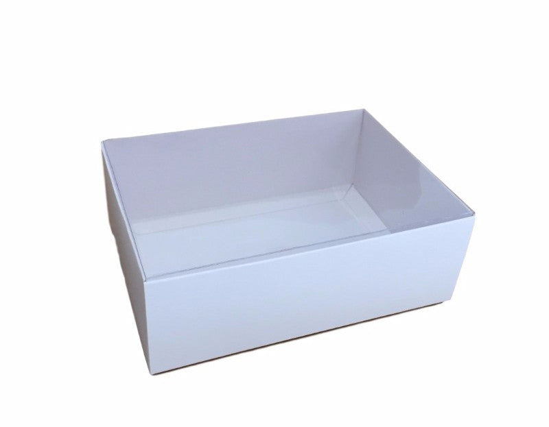 100 Pack of White Card Box - Clear Slide On Lid - 30 x 20 x 8cm -  Large Beauty Product Gift Giving Hamper Tray Merch Fashion Cake Sweets Xmas Tristar Online