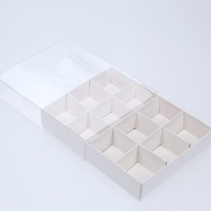 10 Pack of White Card Chocolate Sweet Soap Product Reatail Gift Box - 12 bay 4x4x3cm Compartments  - Clear Slide On Lid - 16x12x3cm Tristar Online