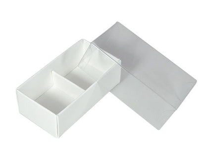 10 Pack of White Card Chocolate Sweet Soap Product Reatail Gift Box - 2 Bay Compartments - Clear Slide On Lid - 8x4x3cm Tristar Online