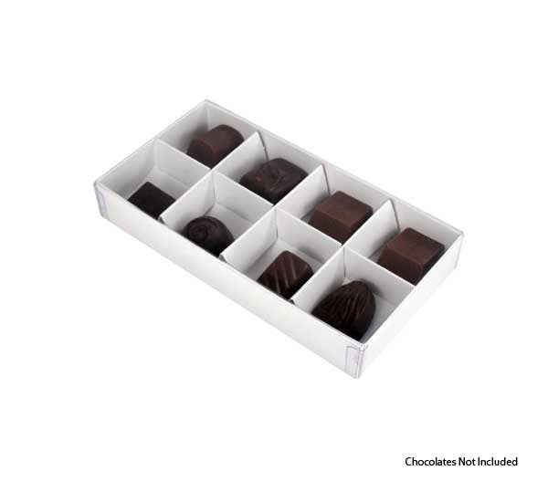 10 Pack of White Card Chocolate Sweet Soap Product Reatail Gift Box - 8 bay 3cm Compartments - Clear Slide On Lid - 16x8x3cm Tristar Online