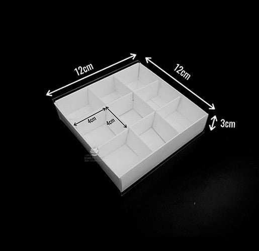10 Pack of White Card Chocolate Sweet Soap Product Reatail Gift Box - 9 bay 4x4x3cm Compartments  - Clear Slide On Lid - 12x12x3cm Tristar Online