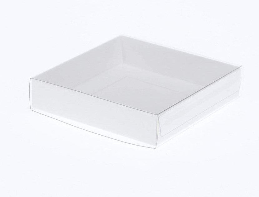 10 Pack of 10cm Square Invitation Coaster Favor Function product Presentation Cookie Biscuit Patisserie Gift Box - 2cm deep - White Card with Clear Slide On PVC Lid Tristar Online