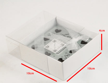 10 Pack of 10cm Square Invitation Coaster Favor Function product Presentation Cookie Biscuit Patisserie Gift Box - 4cm deep - White Card with Clear Slide On PVC Lid Tristar Online