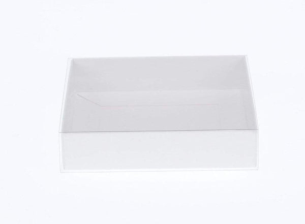 10 Pack of 8cm Square Wedding Invitation Coaster Favor Function product Presentation Cookie Biscuit Patisserie Gift Box - 2cm deep - White Card with Clear Slide On PVC Lid Tristar Online