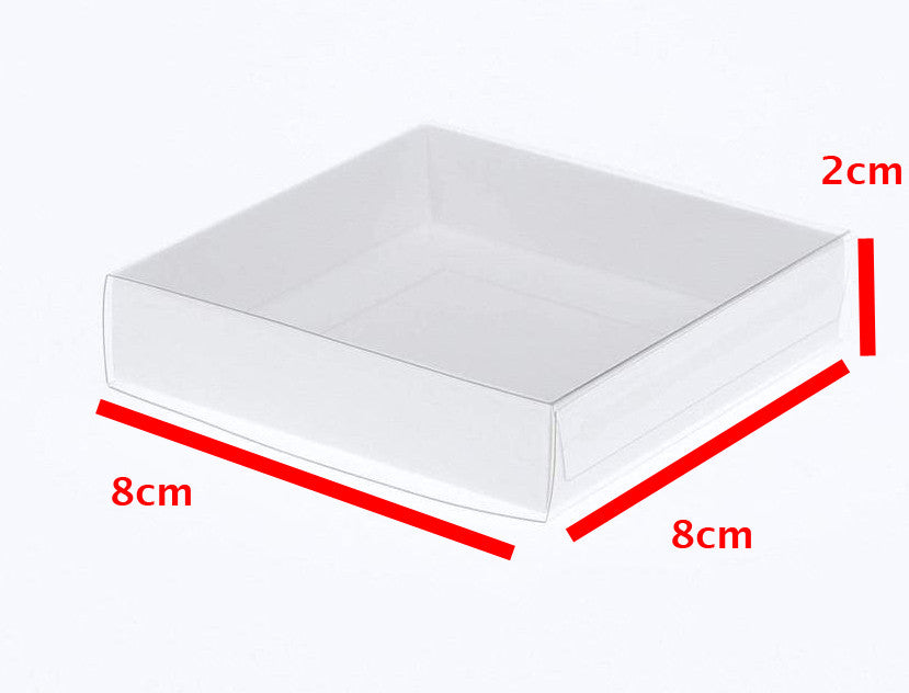 10 Pack of 8cm Square Wedding Invitation Coaster Favor Function product Presentation Cookie Biscuit Patisserie Gift Box - 2cm deep - White Card with Clear Slide On PVC Lid Tristar Online