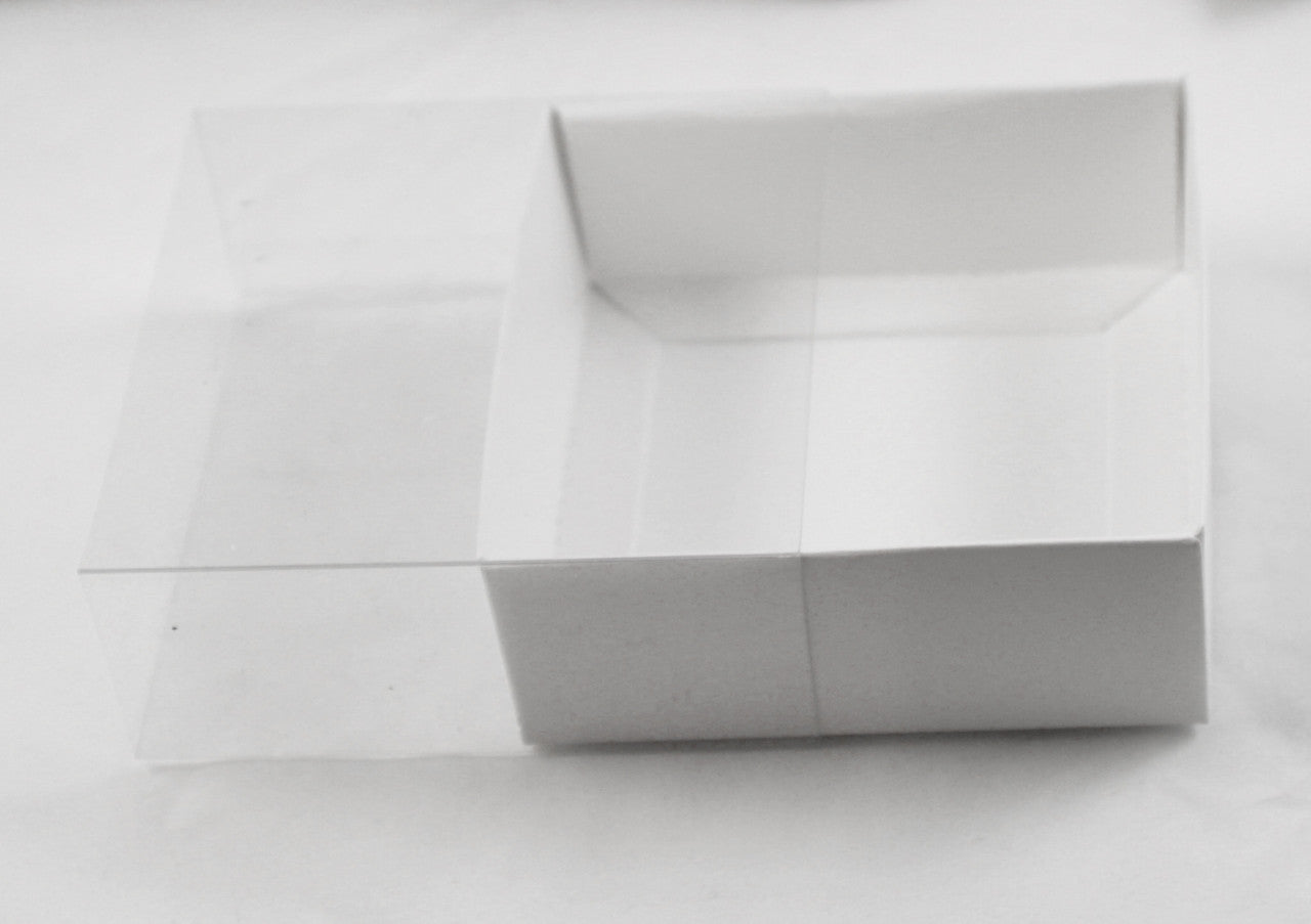 10 Pack of 8cm Square Wedding Invitation Coaster Favor Function product Presentation Cookie Biscuit Patisserie Gift Box - 2cm deep - White Card with Clear Slide On PVC Lid Tristar Online