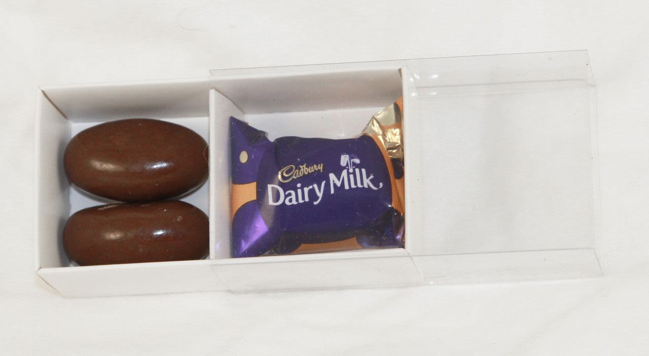 50 Pack of White Card Chocolate Sweet Soap Product Reatail Gift Box - 2 Bay Compartments - Clear Slide On Lid - 8x4x3cm Tristar Online