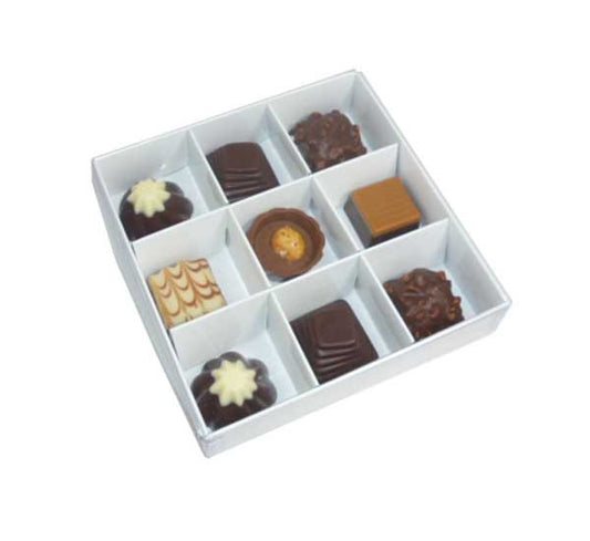50 Pack of White Card Chocolate Sweet Soap Product Reatail Gift Box - 9 bay 4x4x3cm Compartments  - Clear Slide On Lid - 12x12x3cm Tristar Online