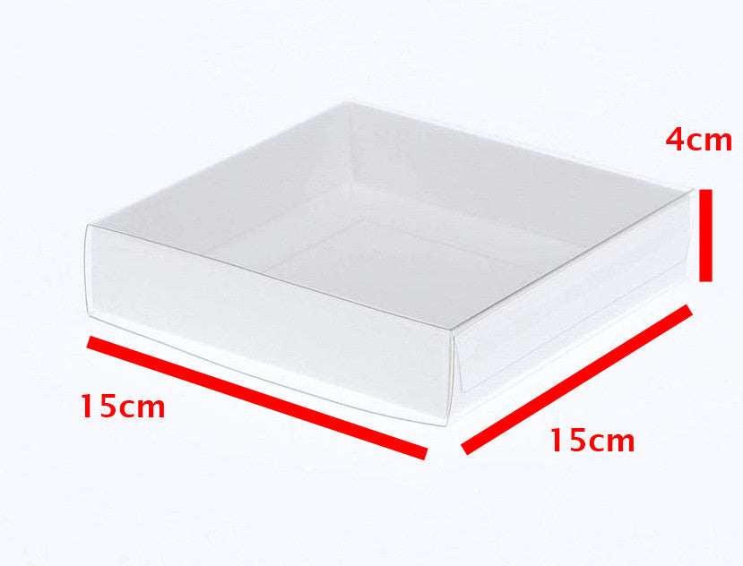 50 Pack of 15cm Square Invitation Coaster Favor Function product Presentation Cookie Biscuit Patisserie Gift Box - 4cm deep - White Card with Clear Slide On PVC Lid Tristar Online