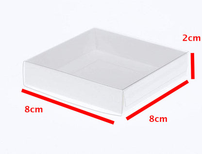 50 Pack of 8cm Square Wedding Invitation Coaster Favor Function product Presentation Cookie Biscuit Patisserie Gift Box - 2cm deep - White Card with Clear Slide On PVC Lid Tristar Online