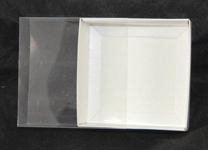 50 Pack of 8cm Square Wedding Invitation Coaster Favor Function product Presentation Cookie Biscuit Patisserie Gift Box - 2cm deep - White Card with Clear Slide On PVC Lid Tristar Online