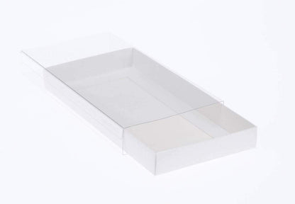 50 Pack of White Card Box - Clear Slide On Lid - 30 x 20 x 8cm -  Large Beauty Product Gift Giving Hamper Tray Merch Fashion Cake Sweets Xmas Tristar Online