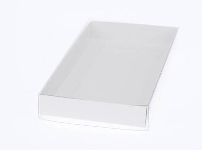 50 Pack of White Card Box - Clear Slide On Lid - 30 x 20 x 8cm -  Large Beauty Product Gift Giving Hamper Tray Merch Fashion Cake Sweets Xmas Tristar Online