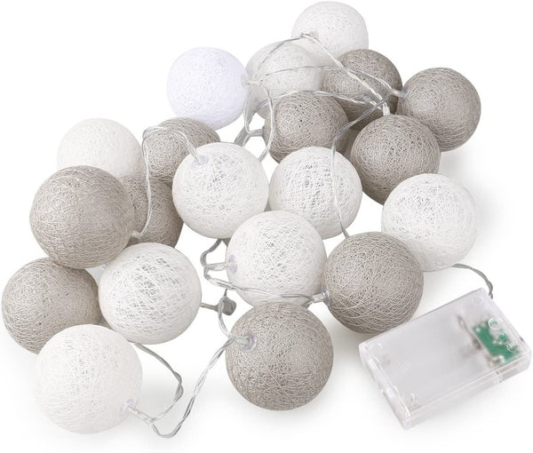 1 Set of 20 LED Grey White 5cm Cotton Ball Battery Powered String Lights Gift Home Wedding Party Bedroom Decoration Outdoor Indoor Table Centrepiece Tristar Online