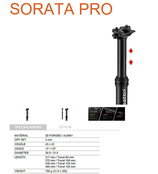 Satori Sorata Pro Internal Cable 30.9 Diameter 100mm Travel Mountain Bike Dropper Tristar Online