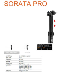 Satori Sorata Pro Height Adjustable Dropper SeatPost Internal Cable 31.6 Diameter 150mm Travel Tristar Online