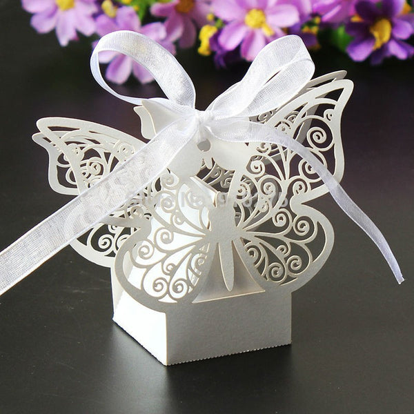 100 Piece Pack - Ivory Cream Butterfly Wedding Engagement Party Bomboniere Favour Lolly Gift Almond Card Box Tristar Online