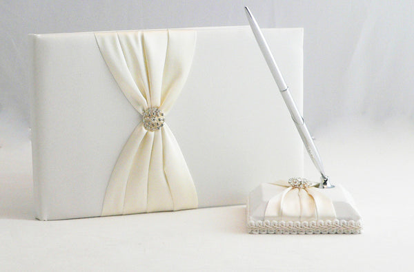 White Wedding Guest Book Register with Silver Pen Matching Stand Set 36 Lined Pages - Ivory Sach Ribbon Cover Tristar Online