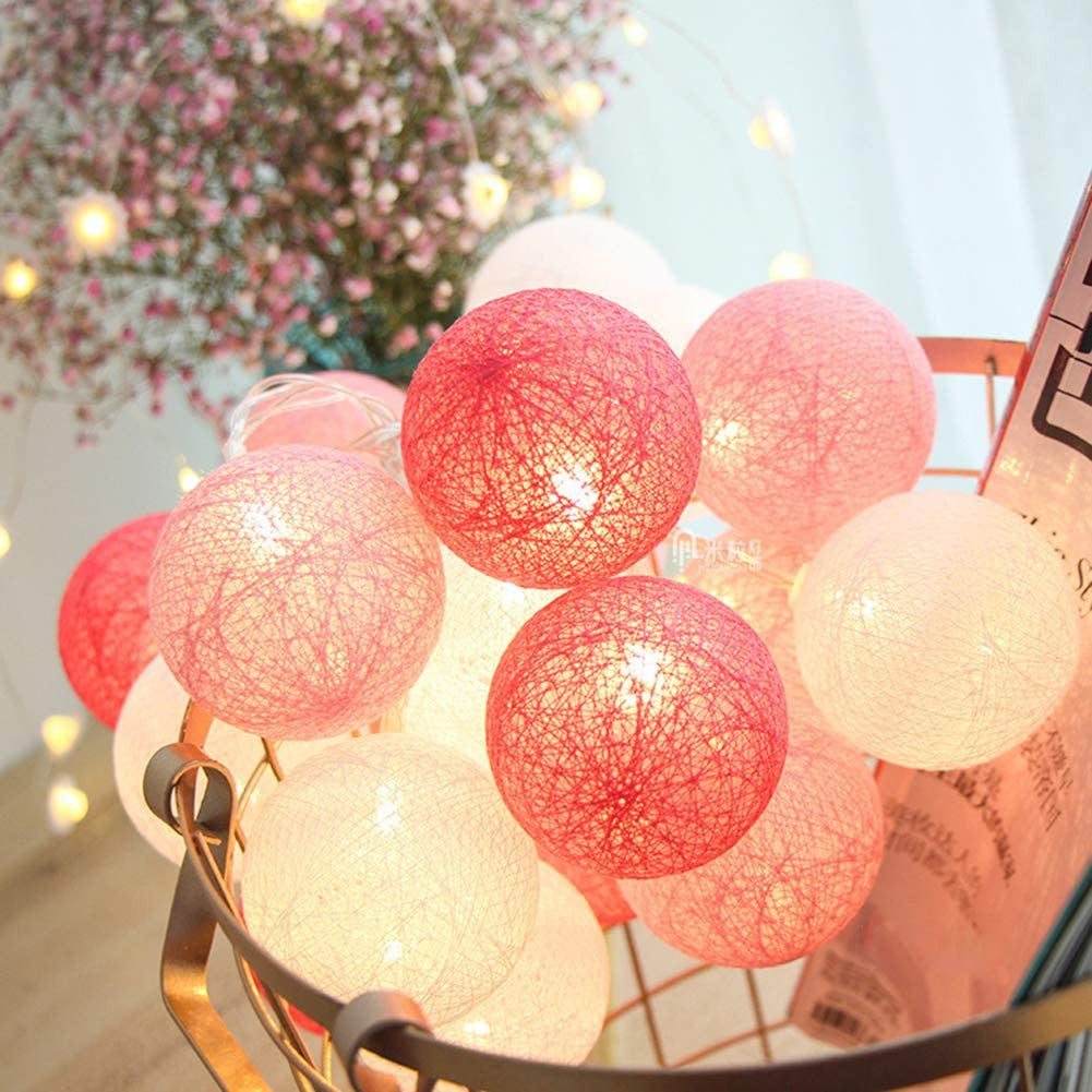 1 Set of 20 LED Pink 5cm Cotton Ball Battery Powered String Lights Christmas Gift Home Wedding Party Girl Bedroom Decoration Outdoor Indoor Table Tristar Online