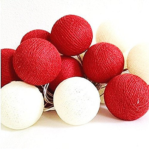 1 Set of 20 LED Red White 5cm Cotton Ball Battery String Lights Christmas Gift Home Wedding Party Bedroom Decoration Outdoor Indoor Table Centrepiece Tristar Online