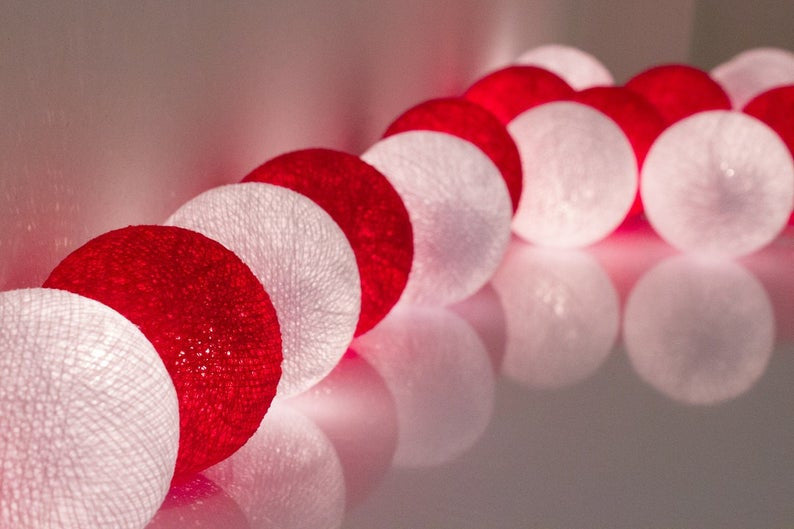 1 Set of 20 LED Red White 5cm Cotton Ball Battery String Lights Christmas Gift Home Wedding Party Bedroom Decoration Outdoor Indoor Table Centrepiece Tristar Online