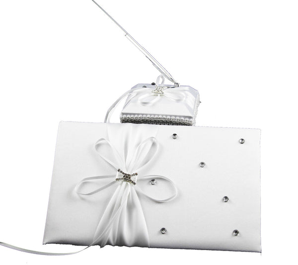 White Wedding Guest Book Register with Silver Pen Matching Stand Set 36 Lined Pages - White Ribbon and Diamante Bow Cover Tristar Online