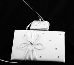 White Wedding Guest Book Register with Silver Pen Matching Stand Set 36 Lined Pages - White Ribbon and Diamante Bow Cover Tristar Online