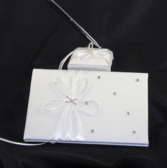 White Wedding Guest Book Register with Silver Pen Matching Stand Set 36 Lined Pages - White Ribbon and Diamante Bow Cover Tristar Online