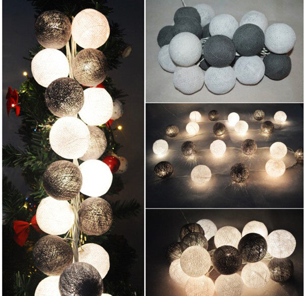 1 Set of 20 LED Black White 5cm Cotton Ball Battery Powered String Lights Xmas Gift Home Wedding Party Bedroom Decoration Outdoor Indoor Table Centrepiece Tristar Online