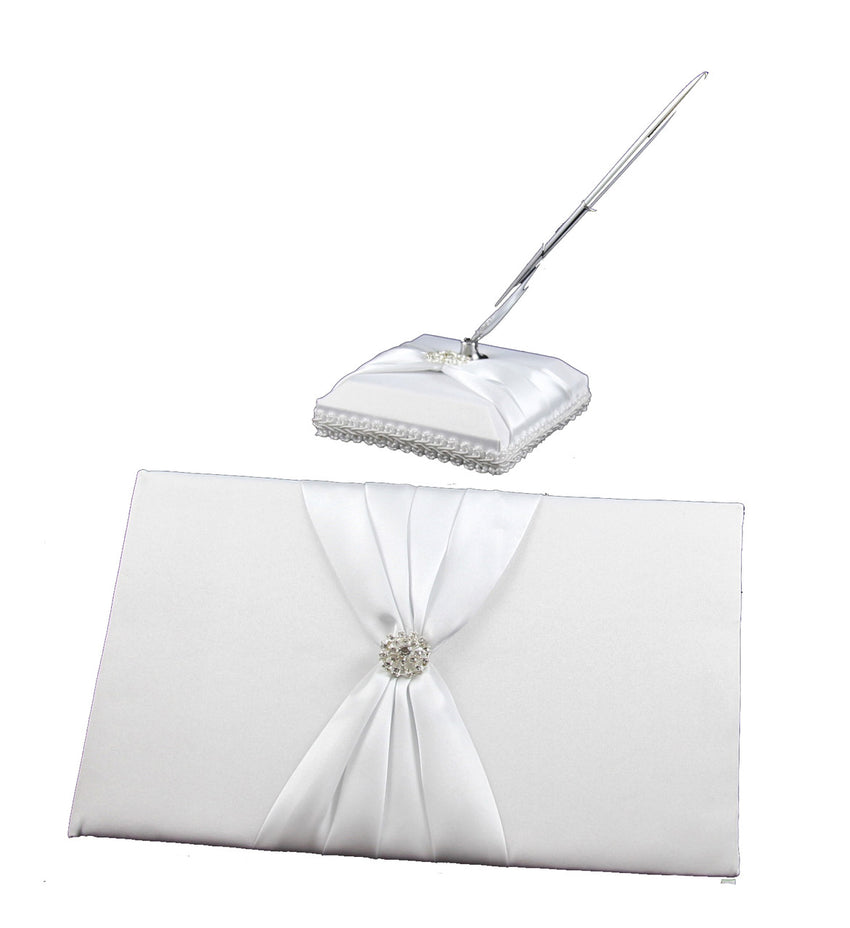 White Wedding Guest Book Register with Silver Pen Matching Stand Set 36 Lined Pages - White Sach Diamante Cover Tristar Online