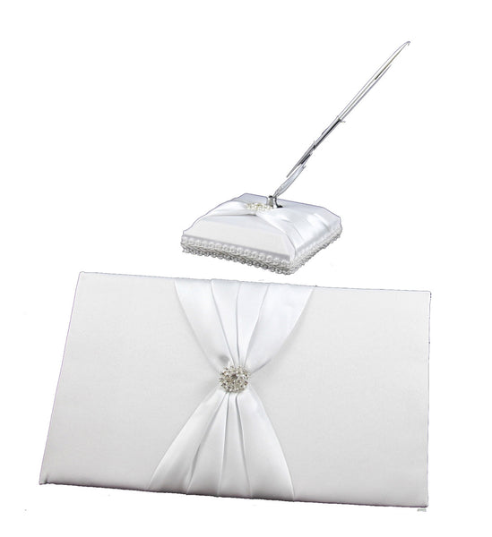 White Wedding Guest Book Register with Silver Pen Matching Stand Set 36 Lined Pages - White Sach Diamante Cover Tristar Online